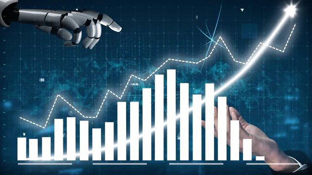 A robotic hand points to a graph showcasing upward trends, symbolizing the intersection of technology and business growth in an increasingly digital world. Copula
