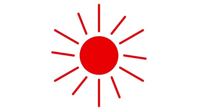 Red sun icon animation with rays on white background. Representing heat, sunset, solar power, or weather warning symbols.