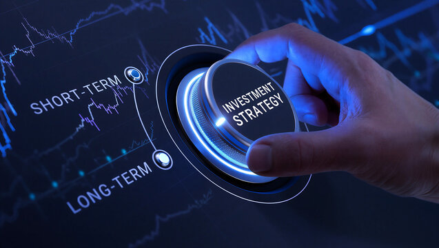 Hand turning a digital knob to select between shortterm and longterm investment strategy options