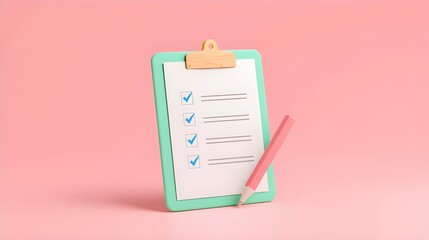 Green clipboard, Checklist and pencil on pink background, Data check, 3d render illustration. © Intellectual