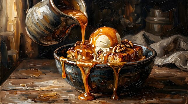 Warm Bread Pudding with Pouring Caramel Sauce and Vanilla Ice Cream, Artistic Impressionist Oil Painting Style Dessert Illustration.