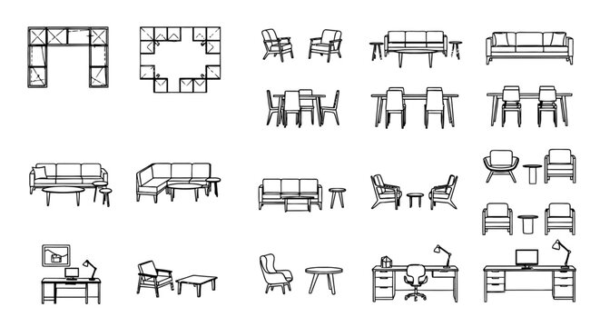 Comprehensive Collection of Architectural Furniture Vector Icons for AutoCAD 2D, Featuring Sofa and Couch Sets, Desk Layouts, and Dining Chairs for Professional Floor