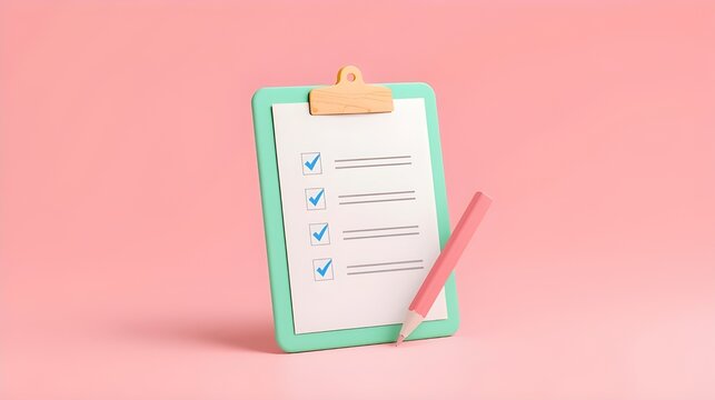 Green clipboard, Checklist and pencil on pink background, Data check, 3d render illustration.