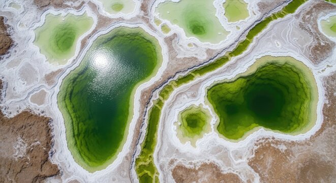 Aerial view of green mineral salt pools in desert landscape
