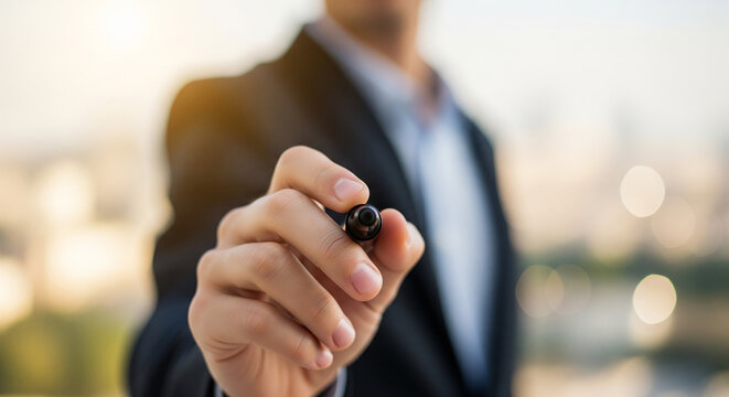 Focus on businessman holding marker pen for virtual screen writing perfect for innovative corporate strategies