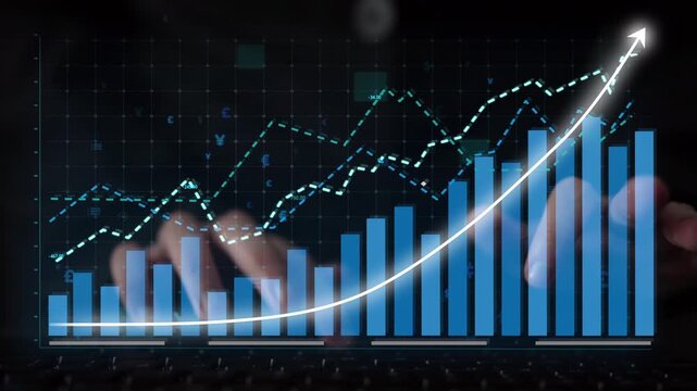 This image captures the essence of digital finance, showcasing hands on a keyboard with an upward financial graph displayed, symbolizing business growth and innovation. Copula