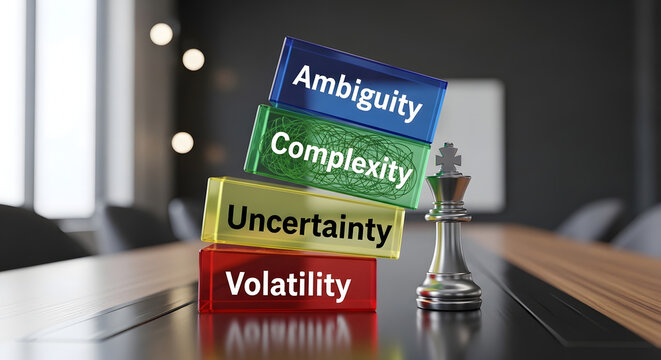 Strategic VUCA management concept featuring stacked wooden block elements representing volatility uncertainty complexity and ambiguity for professional leadership planning and corporate risk assess...