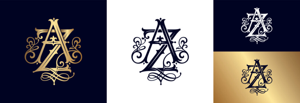 Golden monogram AZ flourished initials logo isolated on dark navy blue background.