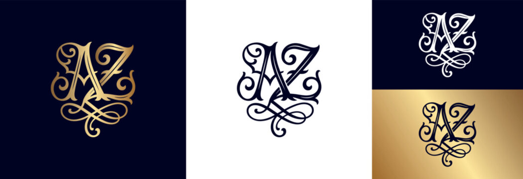 Black and white monogram AZ flourish logo design on clean white background.