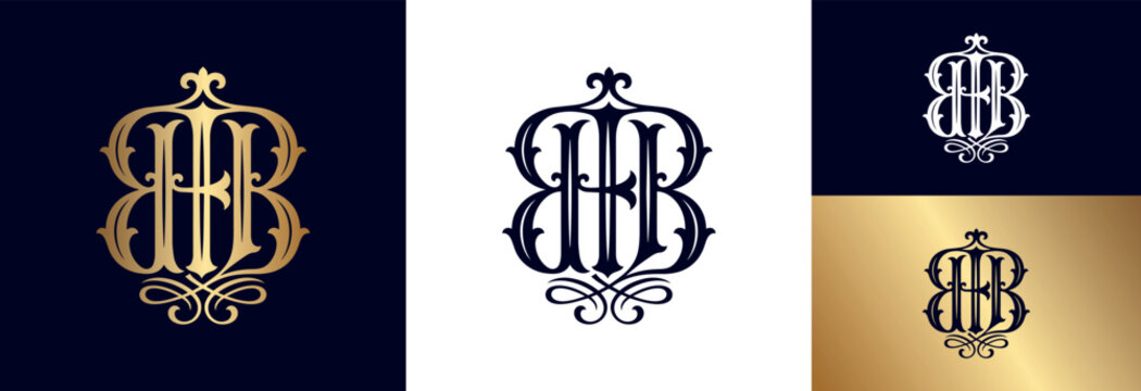 Double letter bb monogram vintage elegant initial in gold and white on dark.
