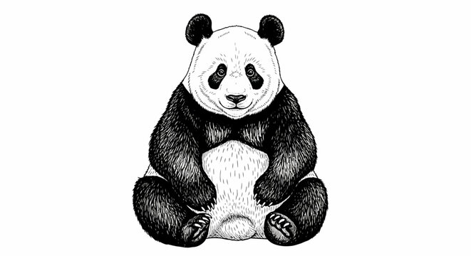 Detailed black and white sketch of a giant panda sitting upright.