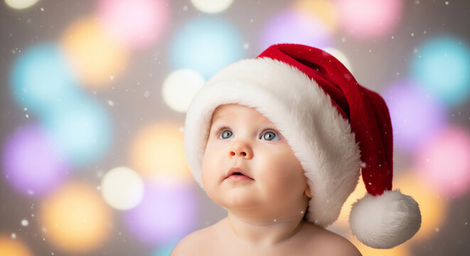 Cute baby wearing santa hat with bokeh lights perfect for creative holiday and future business posts