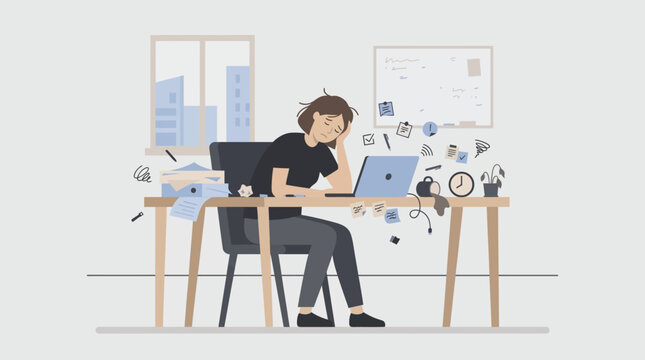 Overworked professional surrounded by a cluttered home office desk and multiple devices.