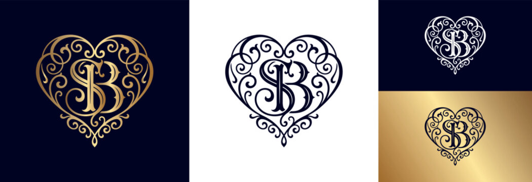 SB monogram within heart shape ornate antique floral swirls gold luxury design.