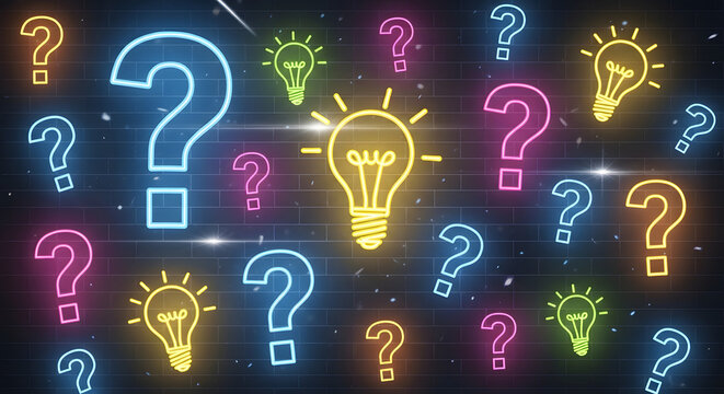 Vibrant trivia night quiz game background featuring glowing neon question marks and electric lightbulb idea symbols for energetic entertainment events and cerebral competition themes.