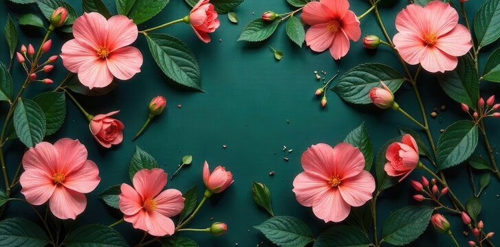 Delicate pink blossoms unfurling amidst lush green foliage create an enchanting botanical composition bathed in subtle light
