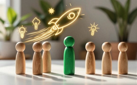 Green pegman leads team toward rocket symbolizing innovation and