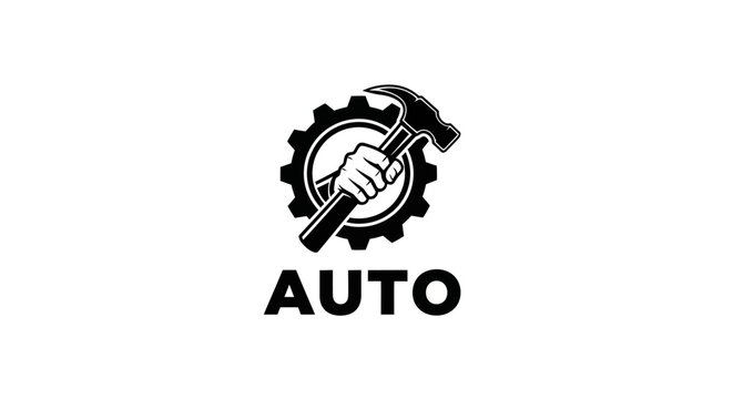 Hand holding hammer inside gear cog, AUTO text below, repair service logo concept