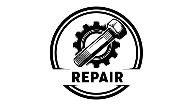 Industrial Bolt and Gear Emblem with "Repair" Text - Black and White Vector Icon