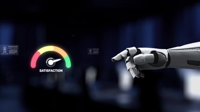 A robotic hand points at customer review ratings showcasing satisfaction levels, symbolizing technology role in modern feedback and interaction in business contexts. Synapse
