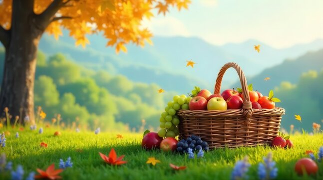 A bountiful wicker basket brimming with fresh orchard fruits rests invitingly on a sun-drenched meadow beneath a vibrant autumn tree