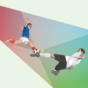 Polygon football players action with gradient pastel colors square background have blank space.