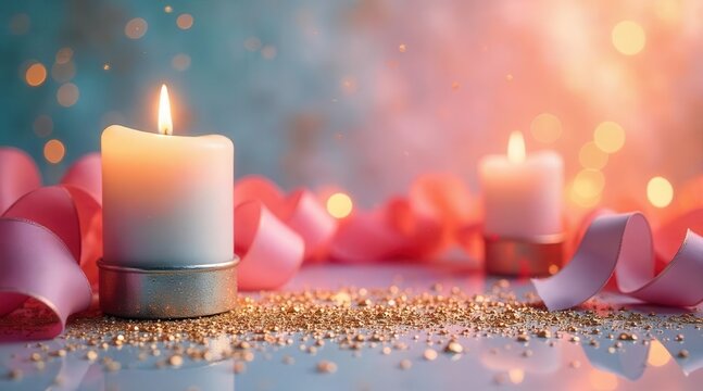 Softly glowing illumination from delicate flames dances amidst shimmering golden specks and flowing pink ribbons, creating an atmosphere of gentle celebration.