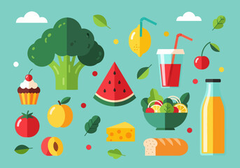 Fototapeta premium Collection of flat food icons including broccoli, watermelon, salad, cheese, and bread. Healthy nutrition and diet concept. Vibrant vector illustration set on a teal background with clouds.