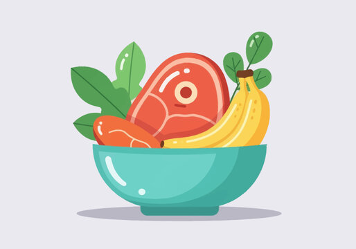 Vector illustration of a blue bowl filled with a meat steak, bananas, an egg, and moringa leaves. Healthy food concept, keto or paleo diet. Minimalist flat cartoon style on light grey.