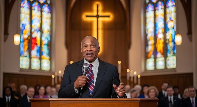 Distinguished senior African American pastor passionately delivering an inspiring religious sermon into a microphone inside a sacred sanctuary featuring a wooden cross in the soft background.