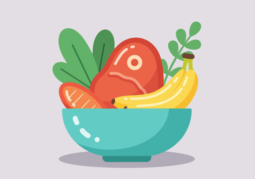 Vector illustration of a blue bowl filled with a meat steak, bananas, an egg, and moringa leaves. Healthy food concept, keto or paleo diet. Minimalist flat cartoon style on light grey.