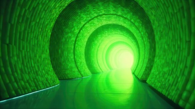 An illuminated organic pathway curving through a luminous green passageway towards a radiant distant light source