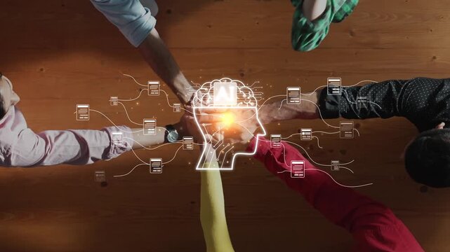 This image showcases a creative collaboration with hands around a digital brain concept, emphasizing teamwork, innovation, and the power of ideas in the technology space. Raster