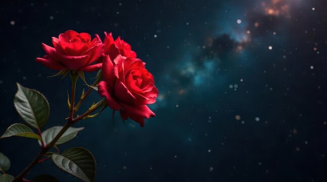 Crimson blooms unfurling petals against a celestial canvas of cosmic dust and distant lights, a moment of serene beauty