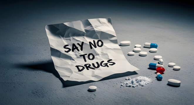 Handwritten message saying no to drugs on paper note surrounded by illicit narcotic substances like pills capsules white powder and crystal methamphetamine on dark textured floor surface.