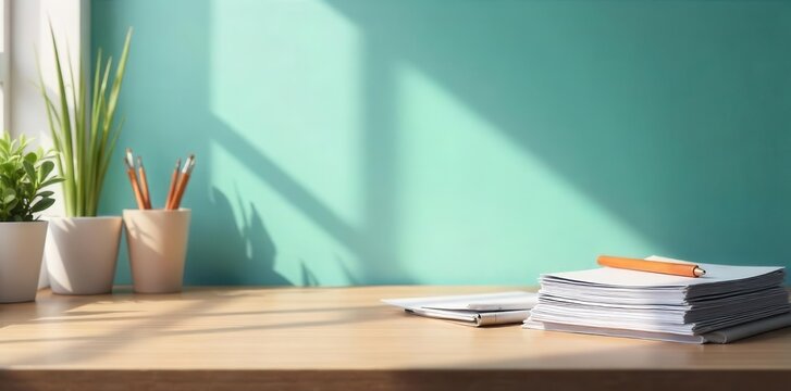 A tranquil workspace setup with potted plants, writing tools, and a stack of papers illuminated by natural light casting gentle shadows