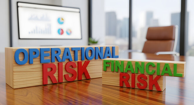 Strategic assessment of diverse risk management types featuring operational and financial categories inscribed on colorful wooden cubes arranged for professional business planning and analysis.