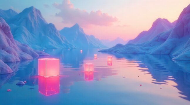 Luminary geometric shapes float serenely upon calm waters reflecting the soft hues of a tranquil, pastel-toned twilight sky illuminating distant, majestic formations