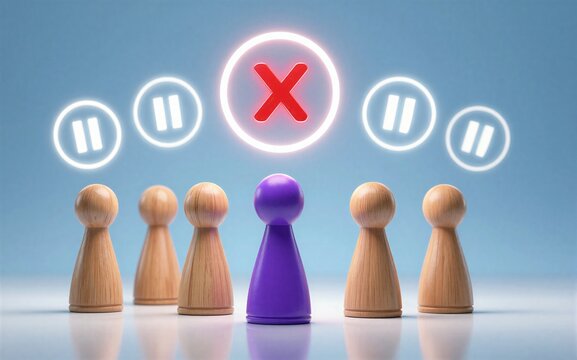 Purple pawn stands out among wooden pawns surrounded by pause and