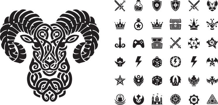 Black tribal ram head and collection of game celtic knotwork horns