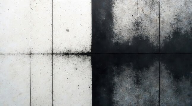 Contrasting facade tiles showing a dramatic transition from clean bright surfaces to dark weathered textures