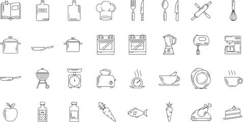 Fototapeta premium Collection of black and white line for kitchen and food preparation cooking line black and white