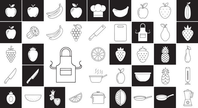 Collection of black and white line of fruits kitchenware and cooking