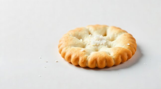 A single baked dough circle adorned with small crystalline salt flakes against a stark white backdrop