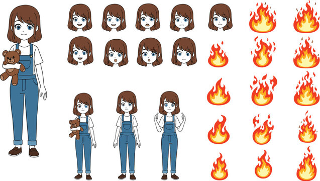 Anime Girl Character Design Set with Multiple Facial Expressions Full Body Poses Teddy Bear and Fire Flame Elements for Animation and Game Assets