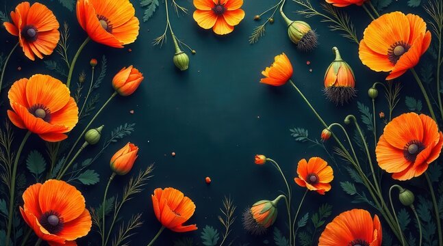 Vibrant orange poppy blossoms with delicate green foliage bloom across a deep, mysterious background creating an elegant floral display