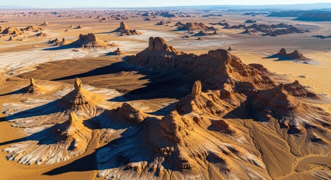 Aerial view of yardang rock formations in vast desert