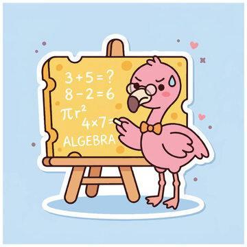Cute flamingo teacher, math problems, algebra cartoon, education vector, colorful illustration