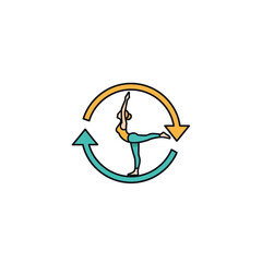Fototapeta premium A stylized illustration of a person performing a yoga pose, specifically a variation of Dancer's Pose, enclosed within a circular refresh or recycle symbol, set against a clean white background.