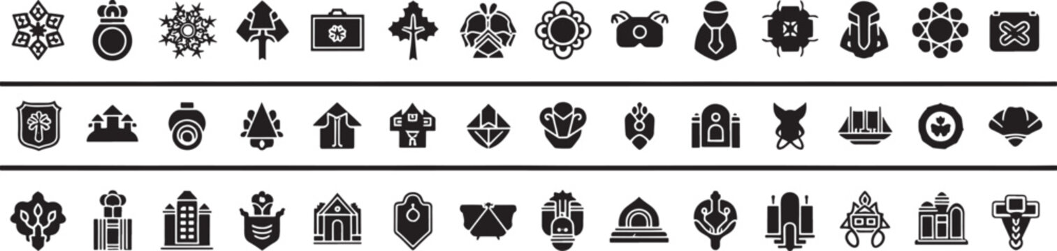 Collection of black silhouette featuring abstract shapes shields trees buildings and crowns